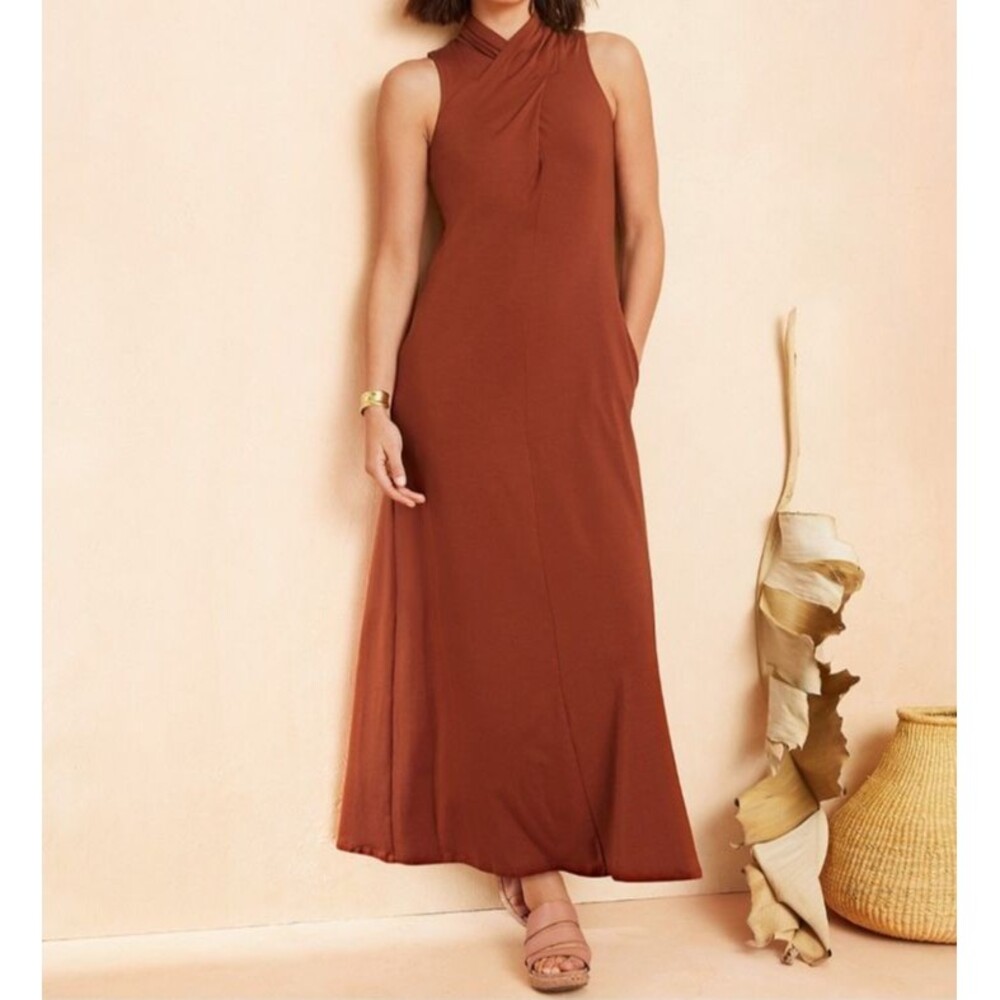 Garnet Hill Mock Neck Knit Maxi Dress XL Rust Orange Pockets stretch flowy